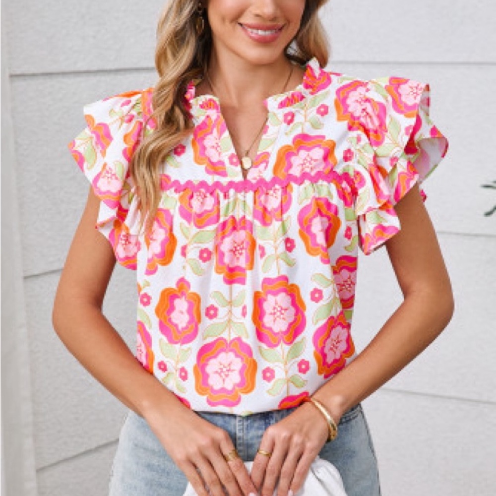 Ruffled Cap Sleeve Blouse in Pink and Orange